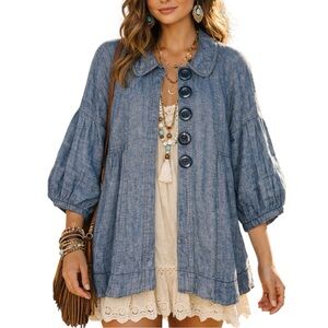 Free People Blue Linen Blend Coat Oversized Puffy Sleeves Large Buttons Medium